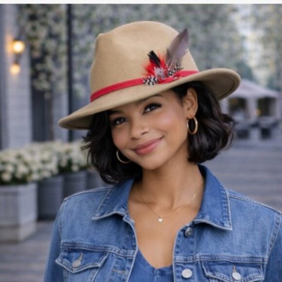 Accessories - Tan Women's Felt Fedora Western Cowboy Hat Red Belt  and Black Feather Accent